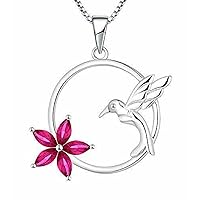 Marquise Cut Pink Sapphire 925 Sterling Silver 14K White Gold Over Diamond Flower Hummingbird Pendant Necklace