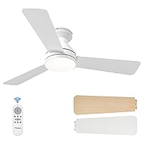 Amico Ceiling Fans with Lights, 42 inch Low Profile Ceiling Fan with Light and Remote Control, Flush Mount, Reversible, 3CCT, Dimmable, Noiseless, White Ceiling Fan for Bedroom, Indoor/Outdoor Use