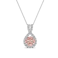 Round Morganite & Natural Diamond 1 1/8 ctw Women Halo Pendant Necklace. Included 16 Inches Chain 14K Gold