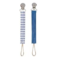 Itzy Ritzy Linen Pacifier Clips; Fabric Pacifier Strap with Clip Keeps Pacifiers & Teethers in Place; Includes Universal Attachment Clip and Loop; 2-Pack of Blue and Blue Stripe