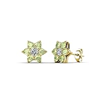 Natural Diamond & Peridot Women Flower Earrings 0.63 ctw 14K Gold