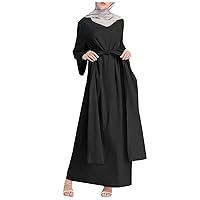 Spring Elegant Long Sleeve Tunic Dress Women Party Plus Size Solid Color Button Dress for Ladies Crewneck Black L