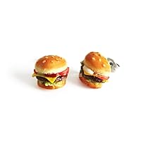 Burger Stud Earrings Miniature Food Jewelry Unique Barbecue Handmade Gifts | La Nostalgie
