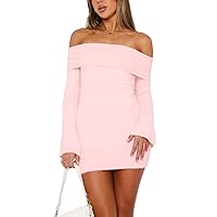 NUFIWI Womens Fuzzy Pullover Sweater Dress Off Shoulder Long Sleeve Bodycon Dress Slim Sexy Club Party Mini Short Dresses