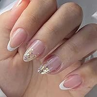 French White Press on Nails Medium, Bling Almond Fake Nails Acrylic False Nails,Artificial Nails for Women-24 pcs 