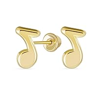 Tiny Dainty Entertainer Music Notes Stud Earrings For Musician Women Teen Teacher Student Genuine 14K Yellow Gold Screw Back