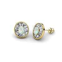 Oval Cut Opal & Baguette Natural Diamond 1.08 ctw Women Milgrain Halo Stud Earrings 14K Gold
