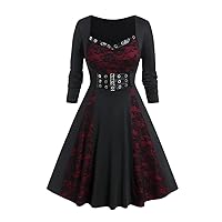 Gothic Dresses Women Black High Waist Vestidos Buckled Grommets Lace Panel A-Line Dress