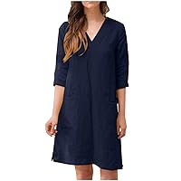 Womens 3/4 Sleeve V Neck Cotton Linen Shirt Dress Casual Loose Summer Dresses Vocation Dress with Front Pockets