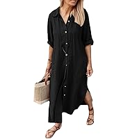 chouyatou Women's Casual Roll-Up Sleeve Shirt Dress Button Down Summer Beach Tunic Dress Maxi Dress