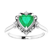 Vintage Halo 1 CT Heart Shape Emerald Diamond Ring 925 Silver/10K/14K/18K Solid Gold Victorian Natural Green Emerald Engagement Ring Antique Emerald Ring Wedding Ring
