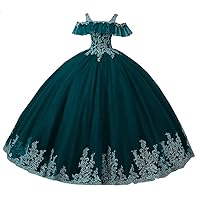 Women's Off Shoulder Gold Embroideried Sweet 16 Quinceanera Dress Spaghetti Strap Tulle Ball Gowns