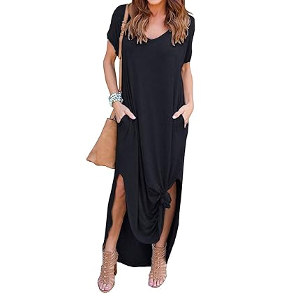 GRECERELLE Women's Casual Loose Pocket Long Dress Short Sleeve Split Maxi Dresses