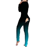 Gradient Onesie Women Pajamas Sexy Bodycon Jumpsuit Pjs with Back Functional Buttoned Flap Long Sleeve Sleepwear