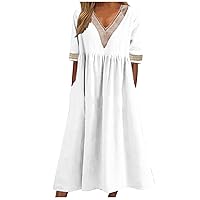 Womens Summer Long Dress with Pockets and Sleeves Cotton Linen Short Sleeve Dress Cute Causal V Neck Beach Maxi Dresses