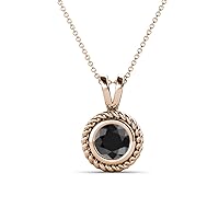 Round Black Diamond 1 ct Womens Rope Edge Bezel Set Solitaire Pendant Necklace 16 Inches 14K Gold Chain