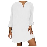Women's Cotton Linen Dress 2024 Summer Long Sleeve Knee Length Dress Notched V Neck Loose Casual Tunic Beach Dresses