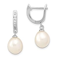 925 Sterling Silver Rh 8 9mm Rice Freshwater Cultured Pearl CZ Cubic Zirconia Simulated Diamond Dangle Hoop Earrings Measur Measures 25.5x8.53mm Wide Jewelry for Women