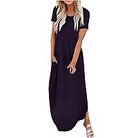 Women's Casual Loose Sundress Short Sleeve Long Dress Summer Beach Maxi Dresses Trendy Shirt Dress with Pockets