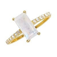 YoTreasure Rainbow Moonstone White Sapphire Solid 14K Yellow Gold Promise Ring Jewelry