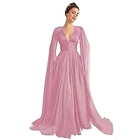 A-line Beading Tulle Prom Dresses Long Cape Sleeves for Women, V Neck Formal Dress with Slit Long Evening Dress