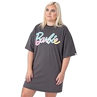 Barbie Womens Oversized T-Shirt Dress | Ladies Pastel Rainbow Logo Short Sleeve Outfit | Charcoal Grey Graphic Tee
