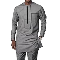 Spring Autumn African Men Long Sleeve O-Neck Gray Two Pieces Sets Top and Long Pant African Clothes Men
