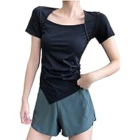 Women's Sexy Square Neck Irregular Hem Slim Fit Workout T Shirt
