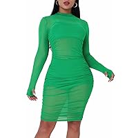 Sprifloral Women Long Sleeve Bodycon Dress - Sexy See Through Sheer Mesh Cover Up Ruched Dress Club Outfits