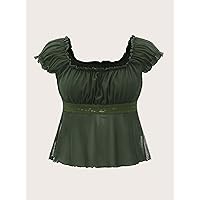 Women's T-Shirt Puff Sleeve Ruched Bust Tee T-Shirt for Women (Color : Army Green, Size : Large)