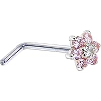 Body Candy Solid 14k White Gold Pink and Clear Cubic Zirconia Flower L Shaped Nose Stud Ring 18 Gauge 1/4