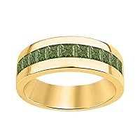 14K Yellow Gold Over .925 Sterling Silver Princess Cut Green Tourmaline Mens Wedding Band Ring