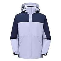 Women Winter Rain Jacket Waterproof Coat with Hood Lightweight Color Block Raincoat Outdoor Windbreaker with Pockets