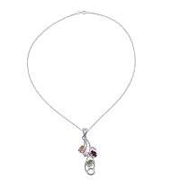 NOVICA Handmade .925 Sterling Silver Multigemstone Pendant Necklace Rhodium Plated Silver Sterling Garnet Citrine Peridot Clear Green Multicolor Red Yellow India Birthstone 'Sprightly Bouquet'