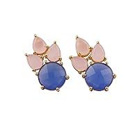 Prong Sett Chalcedony Gemstone Stud Earring | Brass Gold Plated Multi Shape Push Back Jewelry | Handmade Earring For Women | 1688)1F