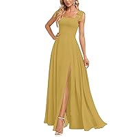 Chiffon A-line Leg Slit Bridesmaid Dress Floor-Length Prom Dress with Bow