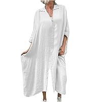 Women's Summer Casual V Neck 3/4 Sleeve Beach Flowy Dress Cotton Linen Split Maxi Sun Dresses Fashion Swing Dresses