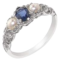 10k White Gold Real Genuine Sapphire and Cultured Pearl Womens Band Ring