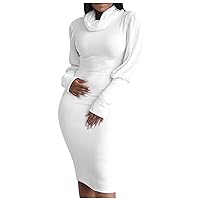 Women's Sexy Fall Winter Casual Basic Long Sleeve Turtleneck Bodycon Club Midi Dress Stand Neck Ruched Club Party Slim Fit Solid Color Short Bodycon Elegant Sheath Dress(White L)