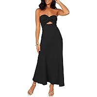 Fiemaoves Sexy Twist Front Strapless Sweetheart Neckline Midi Dresses for Women Smocked Cutout Tube Linen Dress Wedding Guest