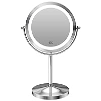 1X/10x Magnified Lighted Makeup Mirror Double Sided Round Magnifying Mirror Standing 360 Degree Swivel Vanity Mirror Battery Operated 7 Inch Diameter Shaving Bathroom Mirror