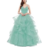 Glitter Ball Gowns Tulle Long Prom Dress V Neck Spaghetti Straps Formal Evening Party Gown for Women Wedding Guests
