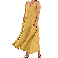 Women's Summer Casual Dress Sleeveless V Neck Swing Sundress Linen Flowy Tiered Loose Fit Maxi Dress with Pockets