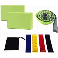 Kiddiezoom Yoga Set, 1 Yoga Strap with 12 Loops, 2 EVA Foam Soft Non-Slip Yoga Blocks,4 Resistance Bands, 1 Black Storage Bag for Yoga, Pilates, Stretching and Toning Workouts 8-in-1