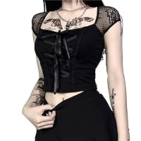 Gothic Crop Top for Women Goth Fairy Grunge Tank Tops Punk T-Shirt Streetwear Workout Tees Emo Blouse