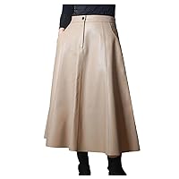 Women Winter Genuine Leather Skirt Female A-Line Simple Big Hem Pleated Long Dress