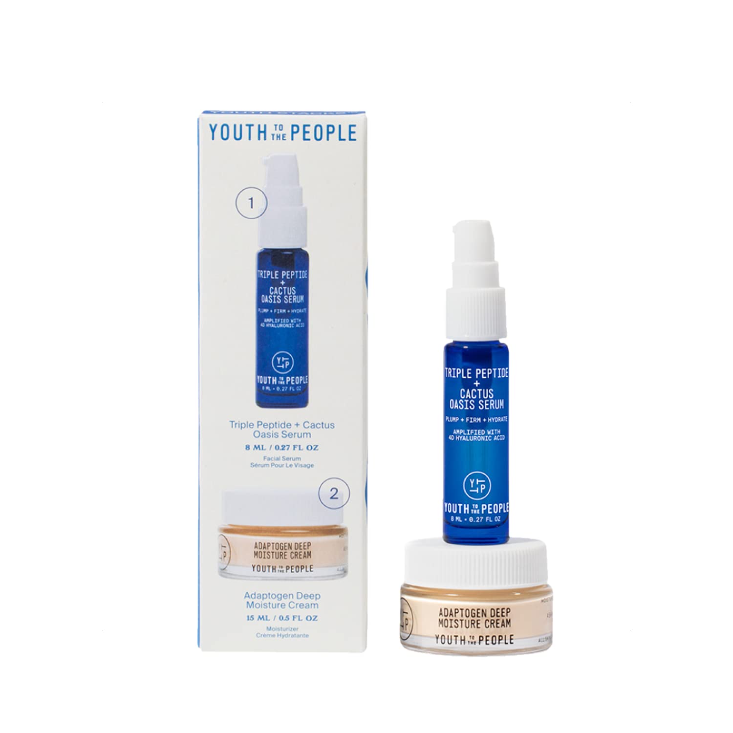 Youth To The People Plump It Up Youth Stack - Travel Size Triple Peptide + Cactus Oasis Serum (8ml) Adaptogen Deep Moisture Cream (15ml) - Vegan Face Serum + Face Cream Skincare Gift Set