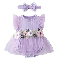 ODASDO Baby Girl's Flower Embroidery Tulle Tutu Romper Dress with Bowknot Headband 2pcs Set Cake Smash Outfit Spring Summer