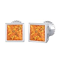Bezel Set Princess Cut Created Gemstones (10MM) Solitaire Stud Earrings 14K White Gold Over .925 Sterling Silver