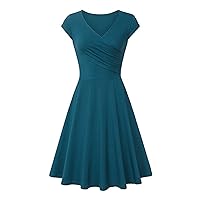 Cocktail Dress for Women Summer Cap Sleeve V Neck Warp Dress Flowy Pleated Flare A-Line Swing Dresss Casual Party Dress
